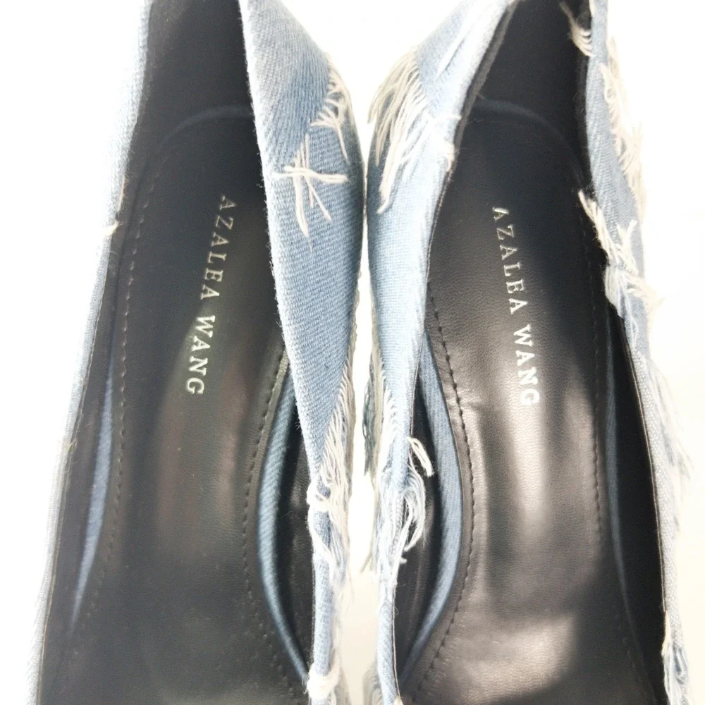 Azalea Wang Giada Denim Platform Pumps Womens 9 Frayed Patchwork Pointy Stiletto